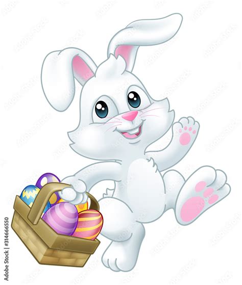 Easter bunny rabbit cartoon character holding a basket full of painted Easter eggs Stock Vector ...