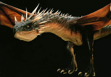 an image of a dragon with spikes on it's head and wings flying in the air