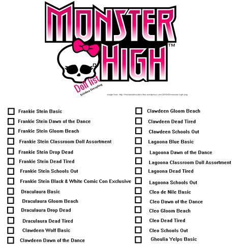 Monster High Doll Shopping List (Print out) | Monster high, Monster high printables, Monster ...