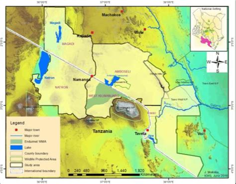 Map of the Amboseli ecosystem that includes the Amboseli National Park,... | Download Scientific ...