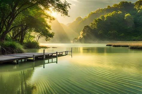 Premium AI Image | a dock on a lake with a sunrise in the background