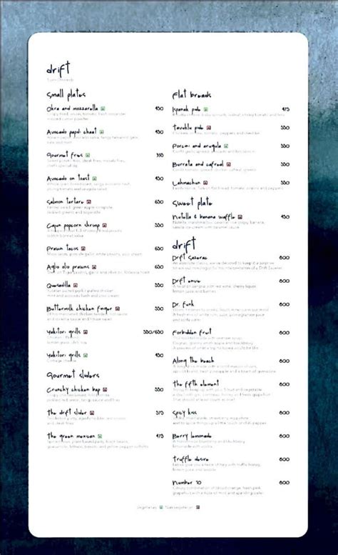 Drift Pool Bar Menu, Menu for Drift Pool Bar, The Westin,Goa, Goa