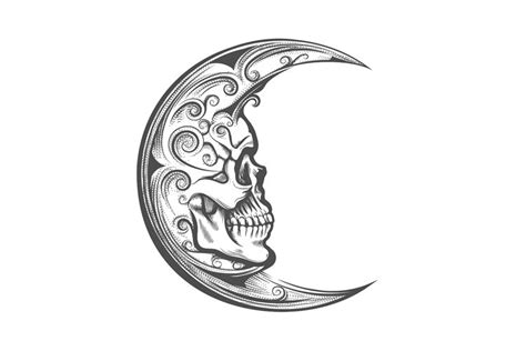 Skull Face Crescent Moon Tattoo in Engraving Style