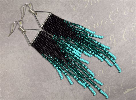 Beaded Earrings Turquoise Earrings Emerald and Black Color - Etsy