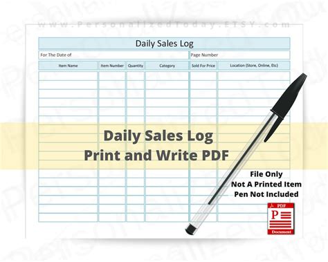 Daily Sales Log Sheet Printable and Fillable PDF Digital | Etsy