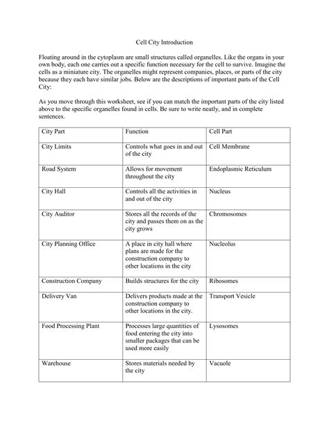 Cell City Introduction Worksheet - Printable Word Searches