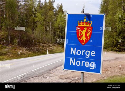 Norway, Sweden - May 26, 2016: Norwegian international border road sign ...