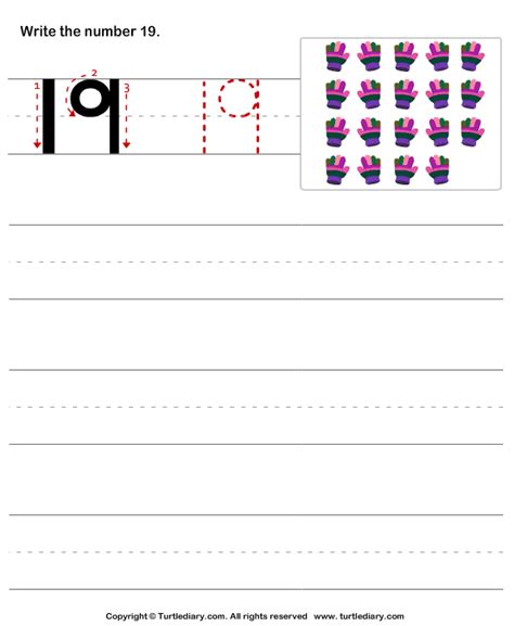 Learn to Write Number Nineteen Worksheet - Turtle Diary