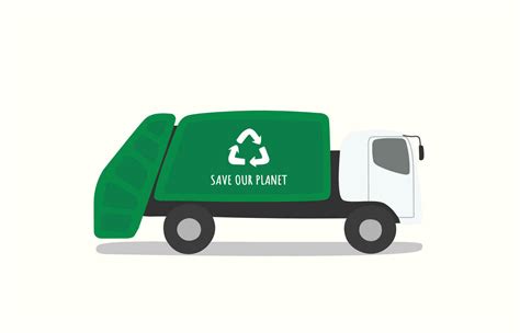 Simple cartoon green garbage truck illustration flat vector. Hand drawn ...