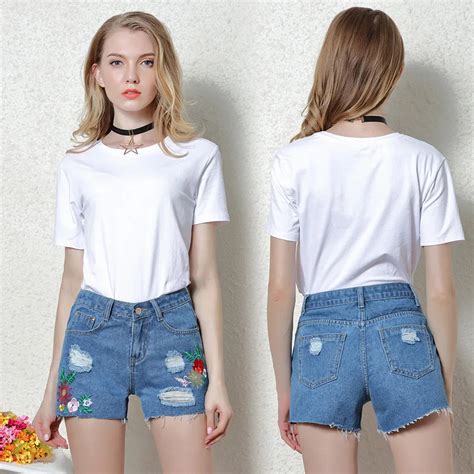 New Hole Ripped Retro Denim Shorts Women floral embroidery Jeans for women's short Pocket ...