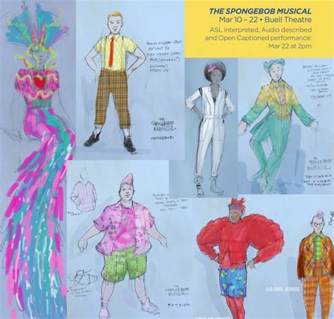 an advertisement for the spongebob musical, featuring costumes from various eras and ages