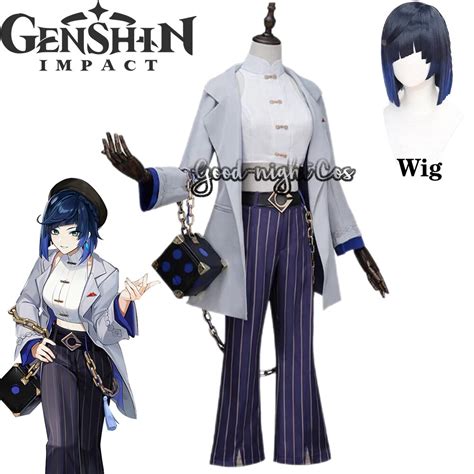 Game Genshin Impact Yelan Cosplay Pizza Hut Costume Wig Coat pants bag ...