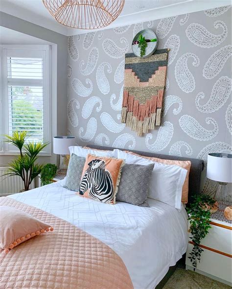 I’ve used peach accessories in my grey bedroom to add a pop of colour and personality to the ...