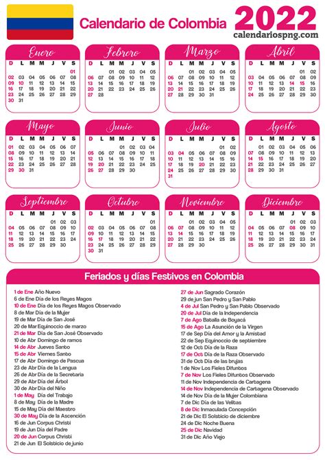 Calendarios 2022 de Colombia para imprimir