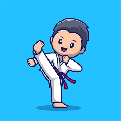 Cute karate kid cartoon icon illustration. people sport icon concept isolated premium . flat ...