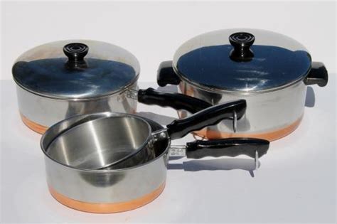 70s vintage copper bottom stainless steel pots & pans set, BY - Korea