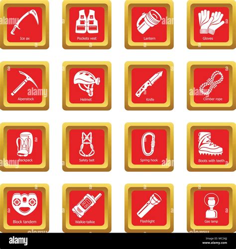 Speleology equipment icons set red square vector Stock Vector Image ...