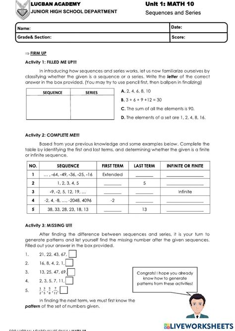 Arithmetic Sequence / Series Worksheet | Teaching Resources ...