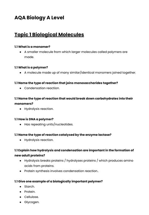 A* A Level Biology Mark Scheme Document Topics 1-8 | Teaching Resources