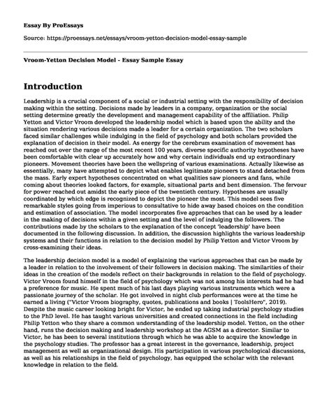 📌 Vroom-Yetton Decision Model - Essay Sample - Free Essay, Term Paper Example | ProEssays.net