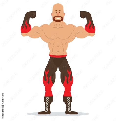 Vector cartoon image of a bald wrestler with a beard, in black pants ...