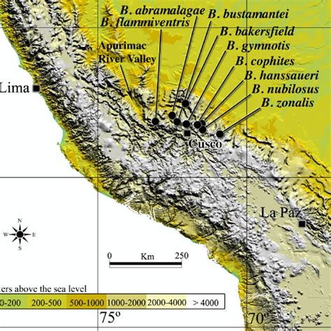 Map of the Peruvian Andes, showing the type localities of the species ...