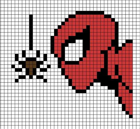 A pixel art template of Spider-Man looking at a brown spider, hanging ...