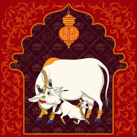 Premium Vector | Indian Traditional Cow and calf Painting with elegant ...