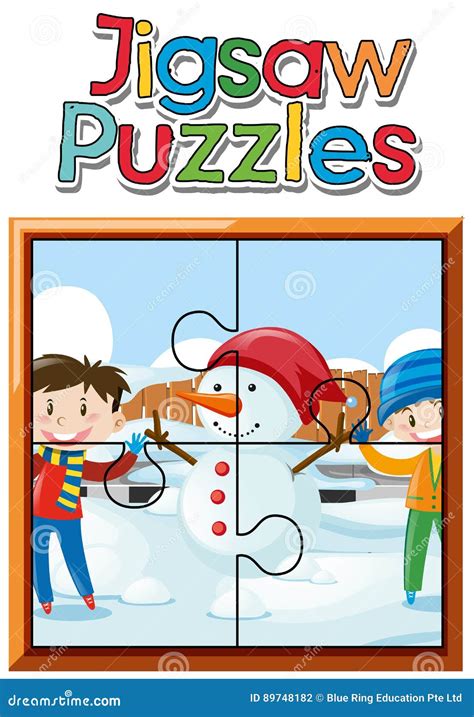 Jigsaw Puzzle Game with Boys and Snowman Stock Vector - Illustration of ...