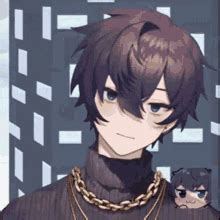 an anime character with black hair and a chain around his neck