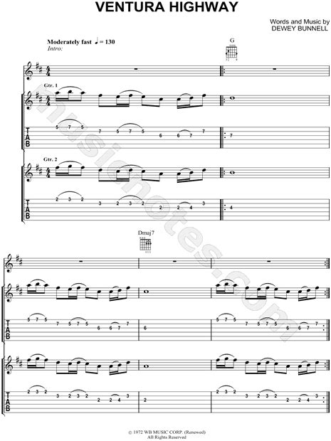 America "Ventura Highway" Guitar Tab in D Major - Download & Print - SKU: MN0041774