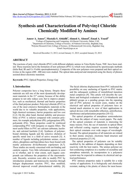 (PDF) Synthesis and Characterization of Polyvinyl Chloride Chemically Modified by Amines