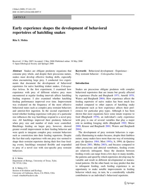 (PDF) Early experience shapes the behavioral repertoires of hatchling snakes