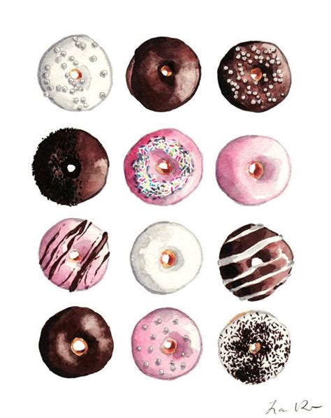 A Dozen Donuts - Giclee Print of Watercolor - Pink Icing Sprinkles White Chocolate Stripes ...