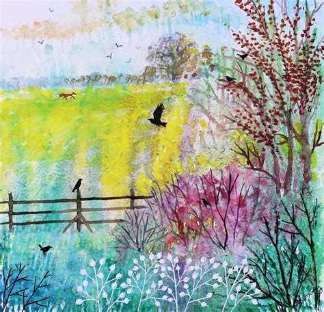 Birds Flying Over Field Painting