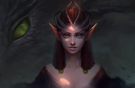 Wallpaper ID: 732738 / green eyes, dark, 1080P, fantasy girl, creature, dragon, fantasy, artwork ...