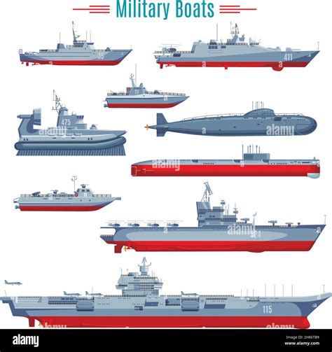 Military boats collection with different types of naval combat ships frigates and submarine ...