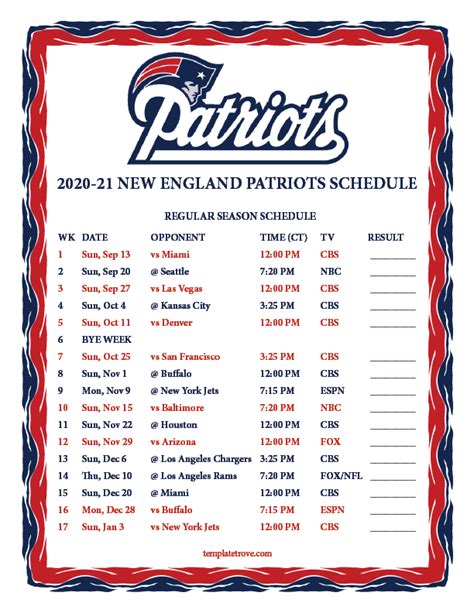 Printable 2020-2021 New England Patriots Schedule