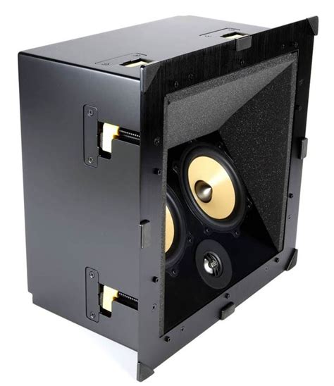 an open black box with two speakers on it's sides and one speaker in the middle