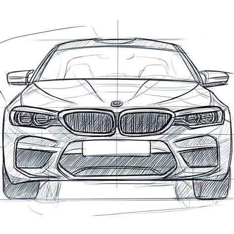 the front view of a bmw car drawn in pencil on white paper with black lines