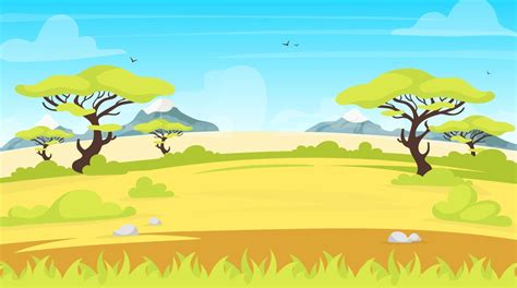 African landscape flat vector illustration. Safari panoramic land. Green savanna scene with ...