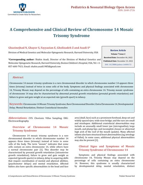 (PDF) A Comprehensive and Clinical Review of Chromosome 14 Mosaic Trisomy Syndrome