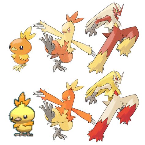 Shiny Combusken and Blaziken redesigned to follow Torchic's shiny pattern [OC] : pokemon