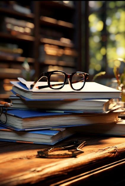 Premium Photo | A wooden desk hosts a neat stack of books and reading ...