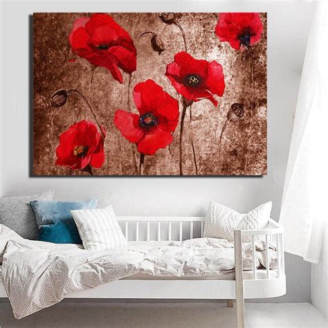 Flower Canvas Art Abstract Red Poppy Flower Oil Painting Print On Canvas Modern Floral Wall Art ...