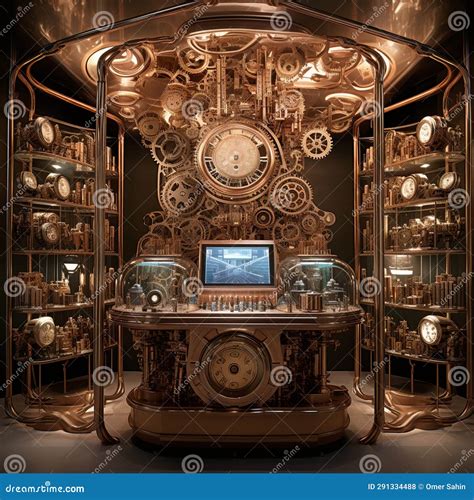 Futuristic Time Machine Surrounded by a Gallery of Vintage Tech and Antique Items Stock Photo ...