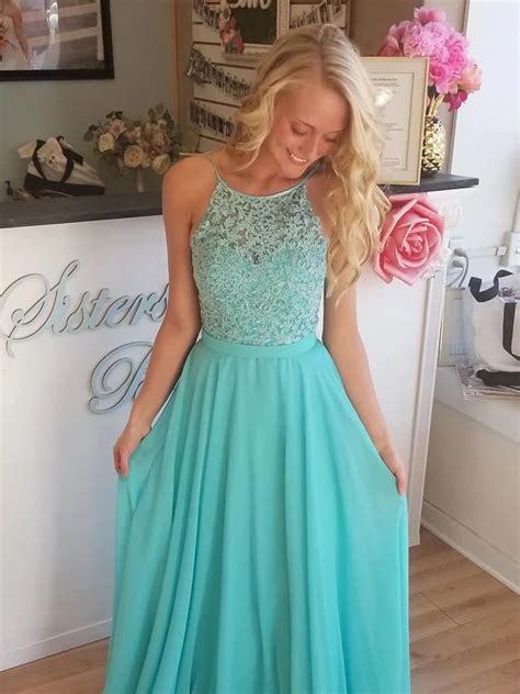 Blue/ Aqua Backless Lace Long Prom Dresses, Aqua Lace Bridesmaid ...