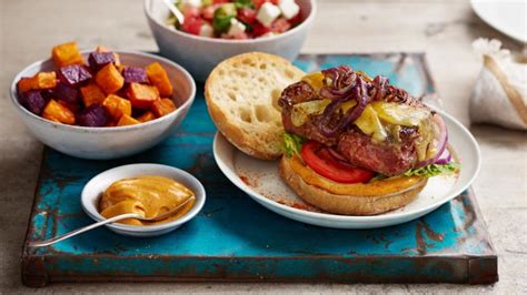 Suya fillet burger with sweet potato cubes and watermelon salad recipe ...