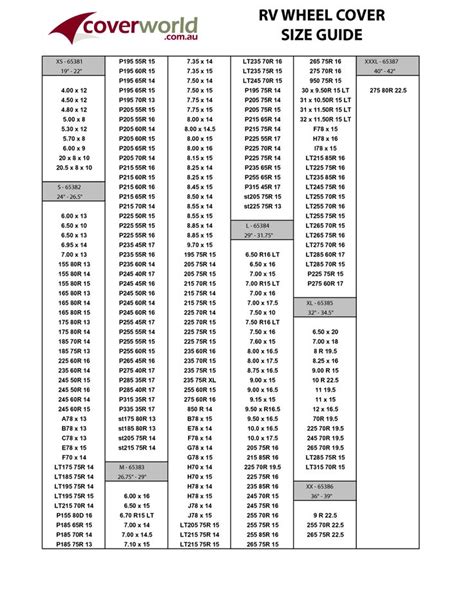 Spare Tire Cover Size Chart