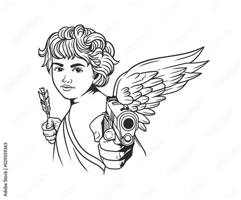 beautiful face cupid angel with wings, pointing gun and holding arrow ...